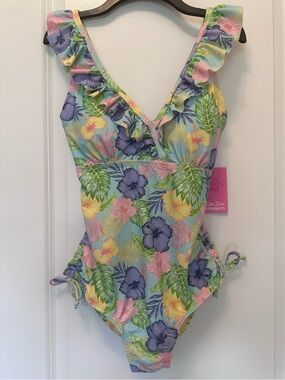 Ruffle Butts Aloha Blossoms Women’s  Ruffle V-Neck One-Piece Swimsuit Size Small